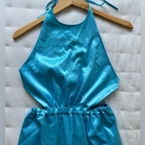 STAUD Small Sidney Satin Blue Maxi Dress Halter Open Back - Picture 6 of 12